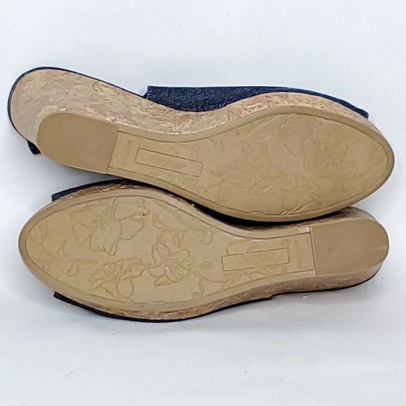 NEW Dexture Denim Slingback Wedge Sandal 9 Bow Cork Look Peep Toe Blue Brown - Picture 5 of 5